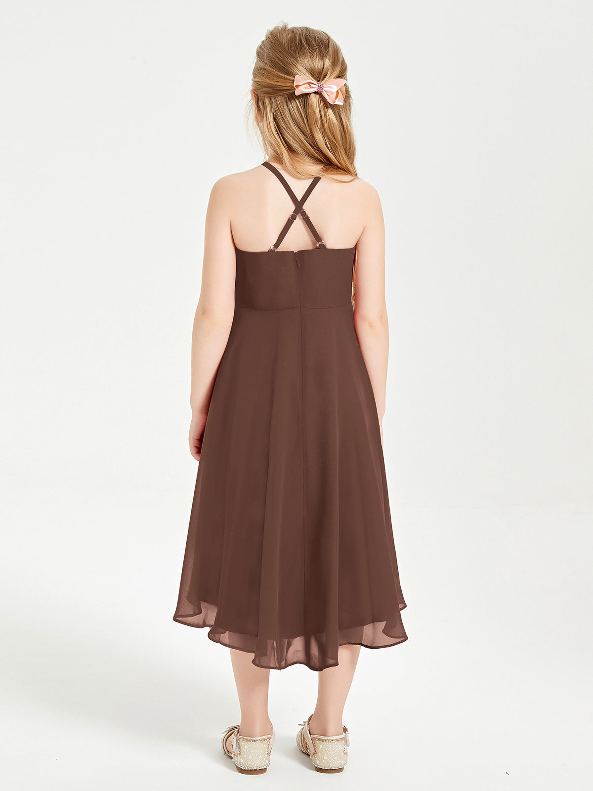 Tea Length Junior Bridesmaid Dresses with Asymmetrical Skirts Chocolate